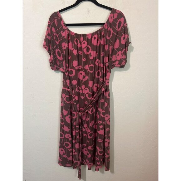 Elle Dress Brown Pink Scoop Neck Very Stretchy Dress Sz L With Waist Belt Tie - Picture 5 of 6